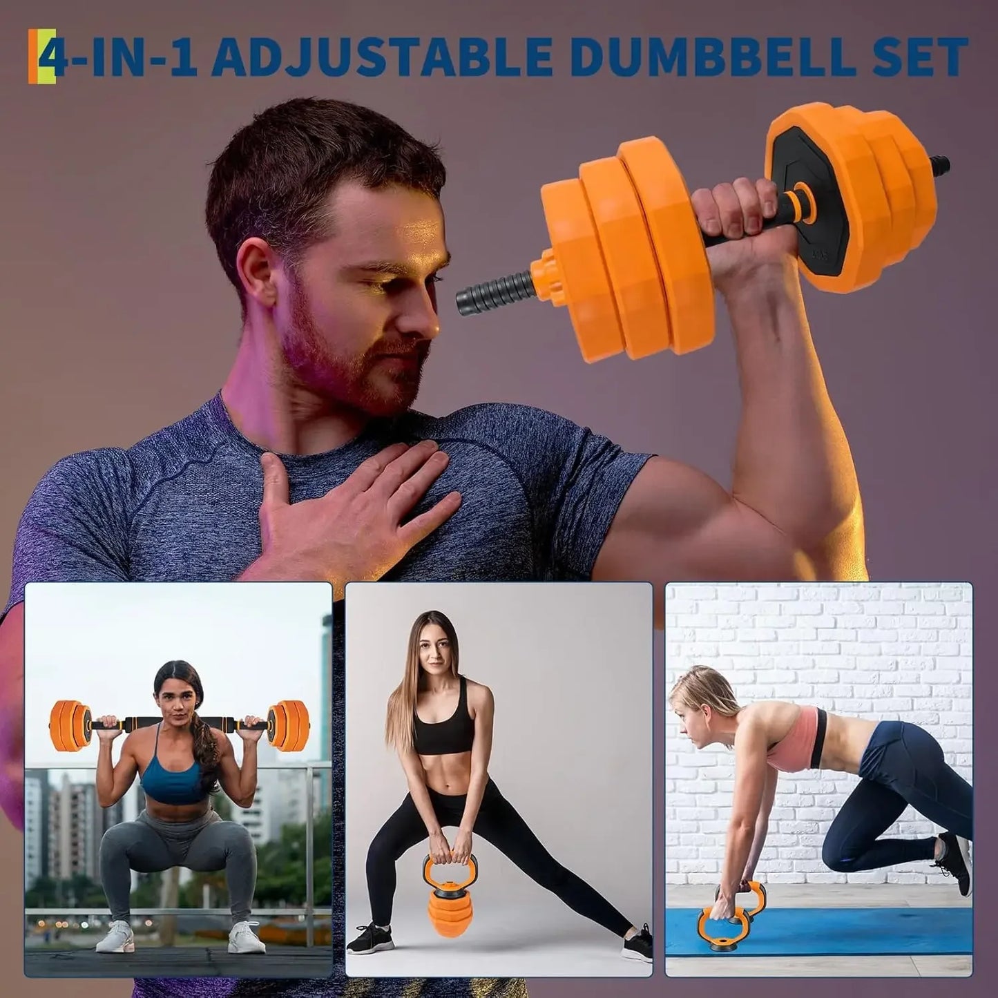 Garvee Combines Dumbbells Kettlebell Barbell Push-Up Stands, 4-in-1 Adjustable Dumbbell Set, 44 LBS Multifunctional Home Gym Weights Full Body Strength Training Equipment Orange