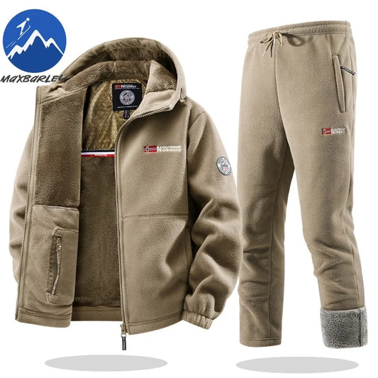 Maxbarley Winter Sportswear Set Mens Retro Training Thick Fleece Jacket + Pants Two Piece Set Casual Ski Running Tracksuit Suit
