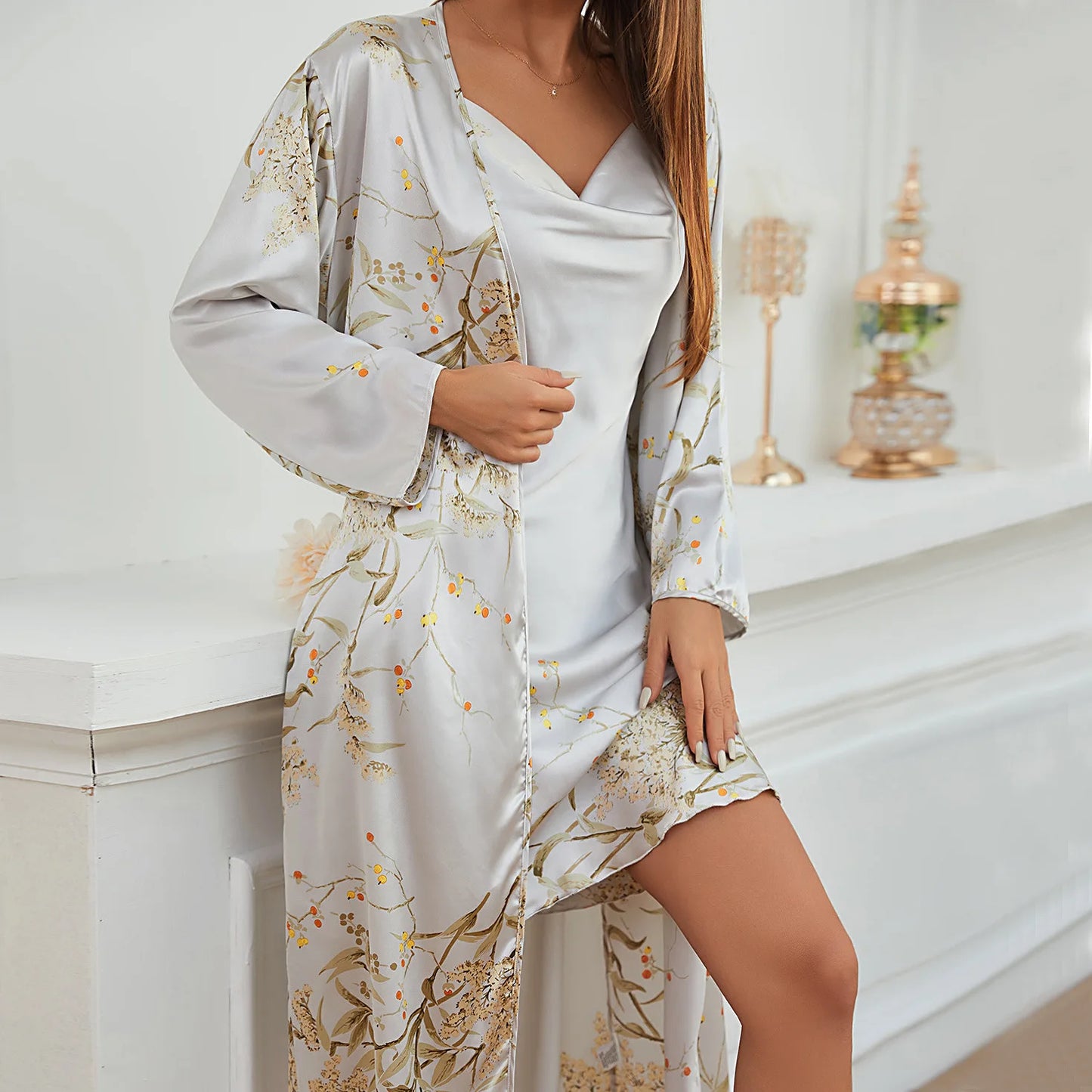 Women's Four Seasons Home Furnishing Lace Up Pajama Pajama Dresses Two Piece Set Thin Outerwear Medium Length Pajama Set