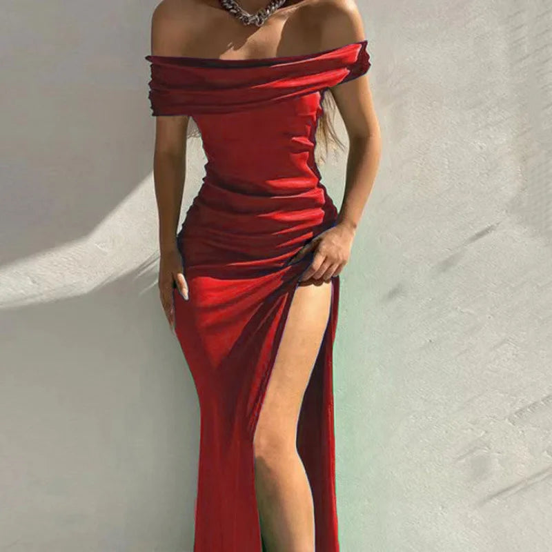 Women's clothing  dresses multiple solid color short sleeves medium length one cut collar slit long dresses sexy dinner dresses