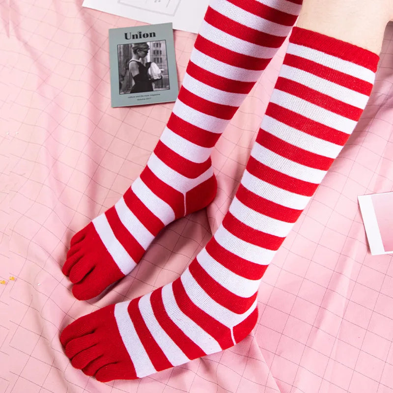 Women Girls Split Toe Calf Socks Rainbow Stockings Colorful Striped Clover Printed Happy Sock Cotton Long 5 Finger Sock Fashions