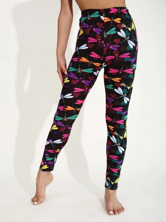 Autumn Winter 1PACK Women's Black Bottom Colorful Dragonfly Pattern Sexy Tight Legging Casual Sports Elegant Fitness Yoga Pants
