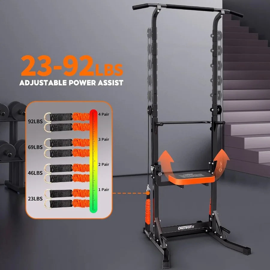 Power Tower Pull Up Bar Station Assistive Trainer, Multi-Function Adjustable Height Dip Station for Home Gym Workout, Strength T