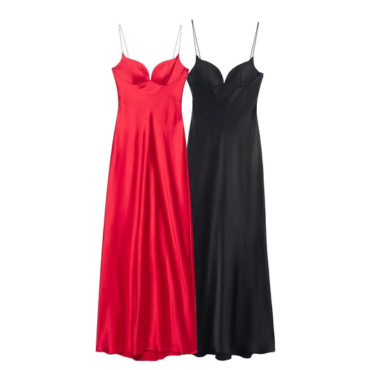 2025 new women's clothing European and American style fashion versatile temperament sexy satin texture long dress