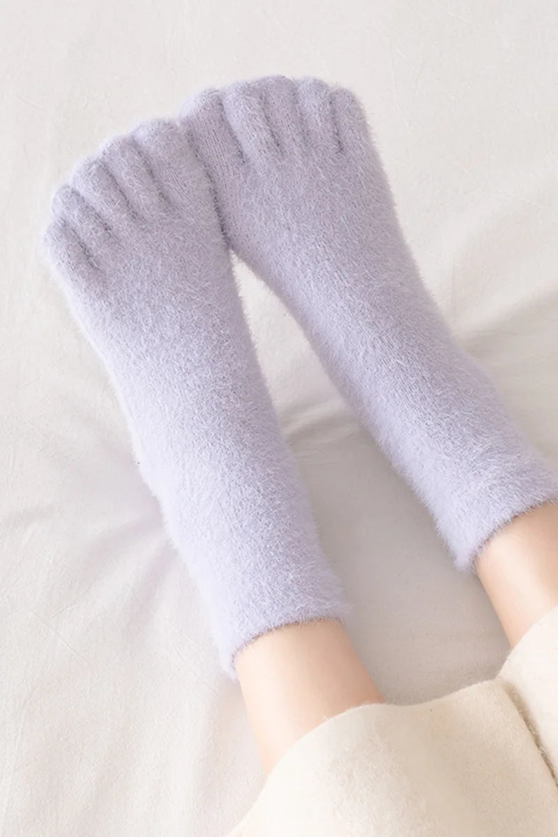 Women Girls Thick Coral Fleece Five Finger Socks Winter Warm Fluffy Toe Socks Soft Cozy Hosiery Female Anti-slip Floor Slippers