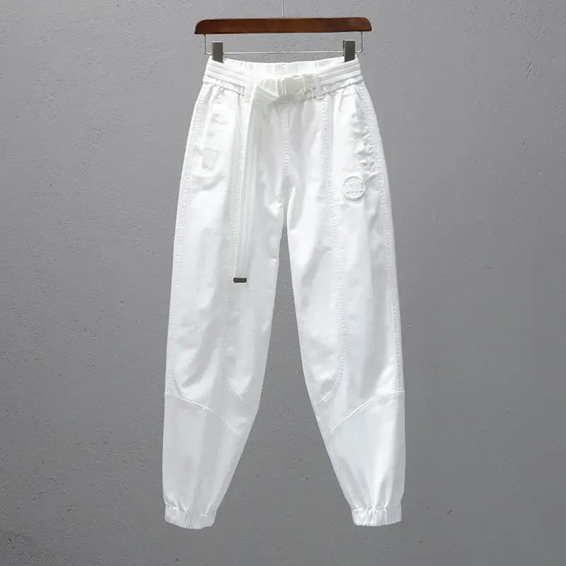 Women Harem Pants Cotton Sweat Pants Elastic Waist Office Lady Loose Casual Trousers with Belt Fashion Ankle Banded Red White