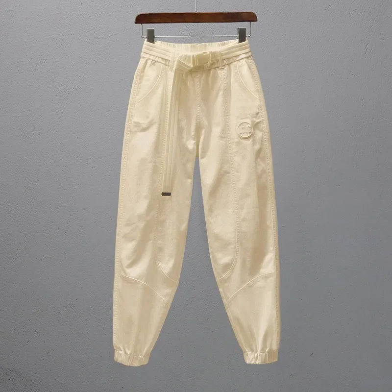 Women Harem Pants Cotton Sweat Pants Elastic Waist Office Lady Loose Casual Trousers with Belt Fashion Ankle Banded Red White