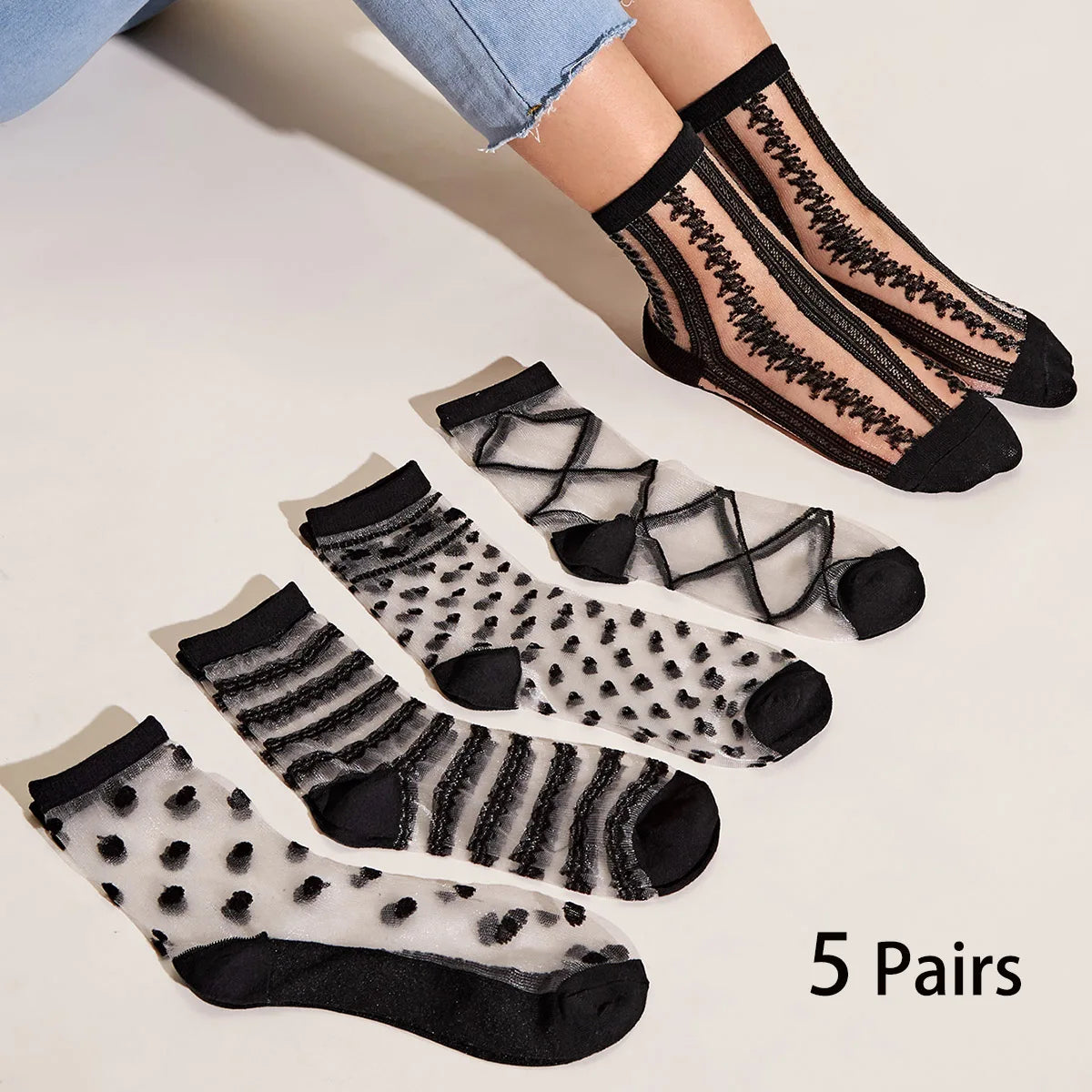 5 Pairs Women's Lace Socks Summer Fashion Sexy Transparent Thin Socks Women Non-slip Ultra-thin Socks Female Ankle Sock