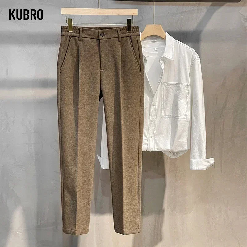 Autumn Winter Suit Pants Men Thick Business Elastic Waist Classic Grey Brown Woolen Straight Korean Formal Trousers Male 28-38