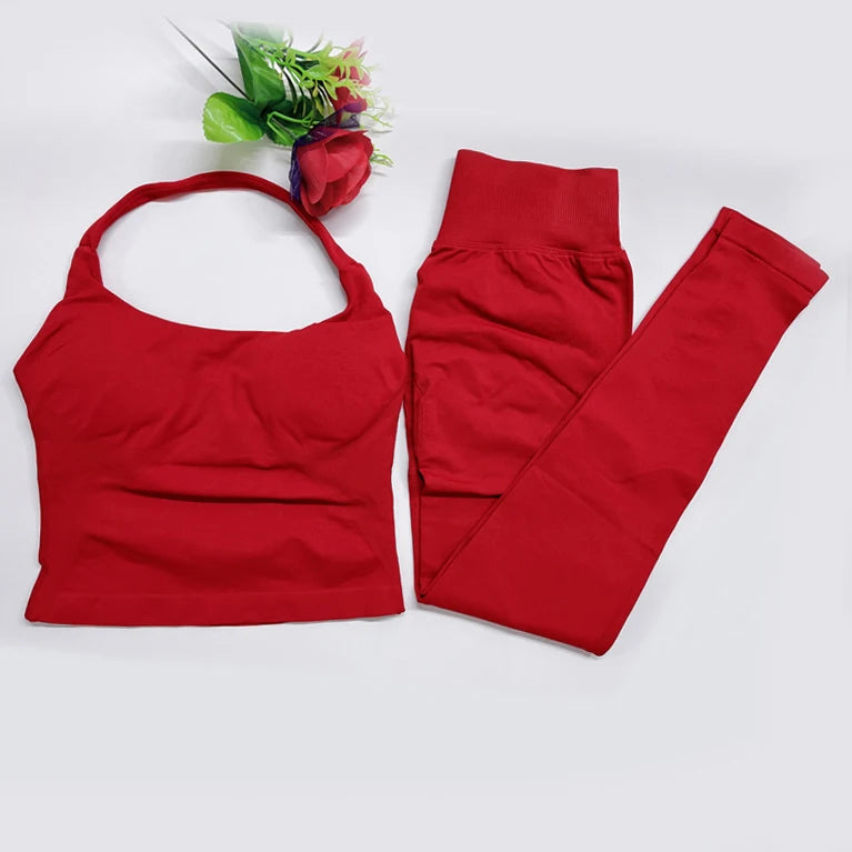 2026 Yoga outfit DFNNYE two Pieces Gym Set seamless Women DF impact backless Halter Top Leggings Fitness Clothes Workout sets