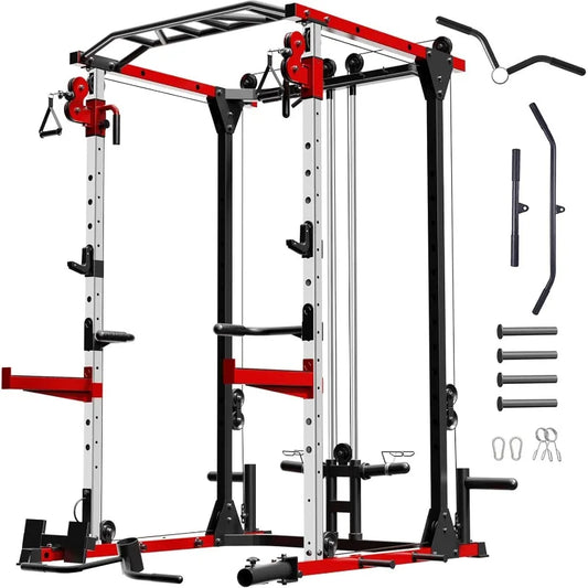 Smith Machine, Power Rack with LAT Pulldown System, Power Cage with Cable System, Squat Rack with Chest Press Machine
