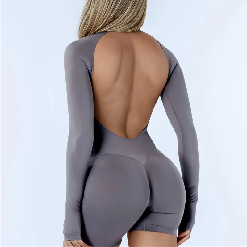 HISTELLO Impact Long Sleeve One Piece Jumpsuit Women Backless Slim Fit Elastic Tummy Control Yoga Gym Sports Workout Bodysuit