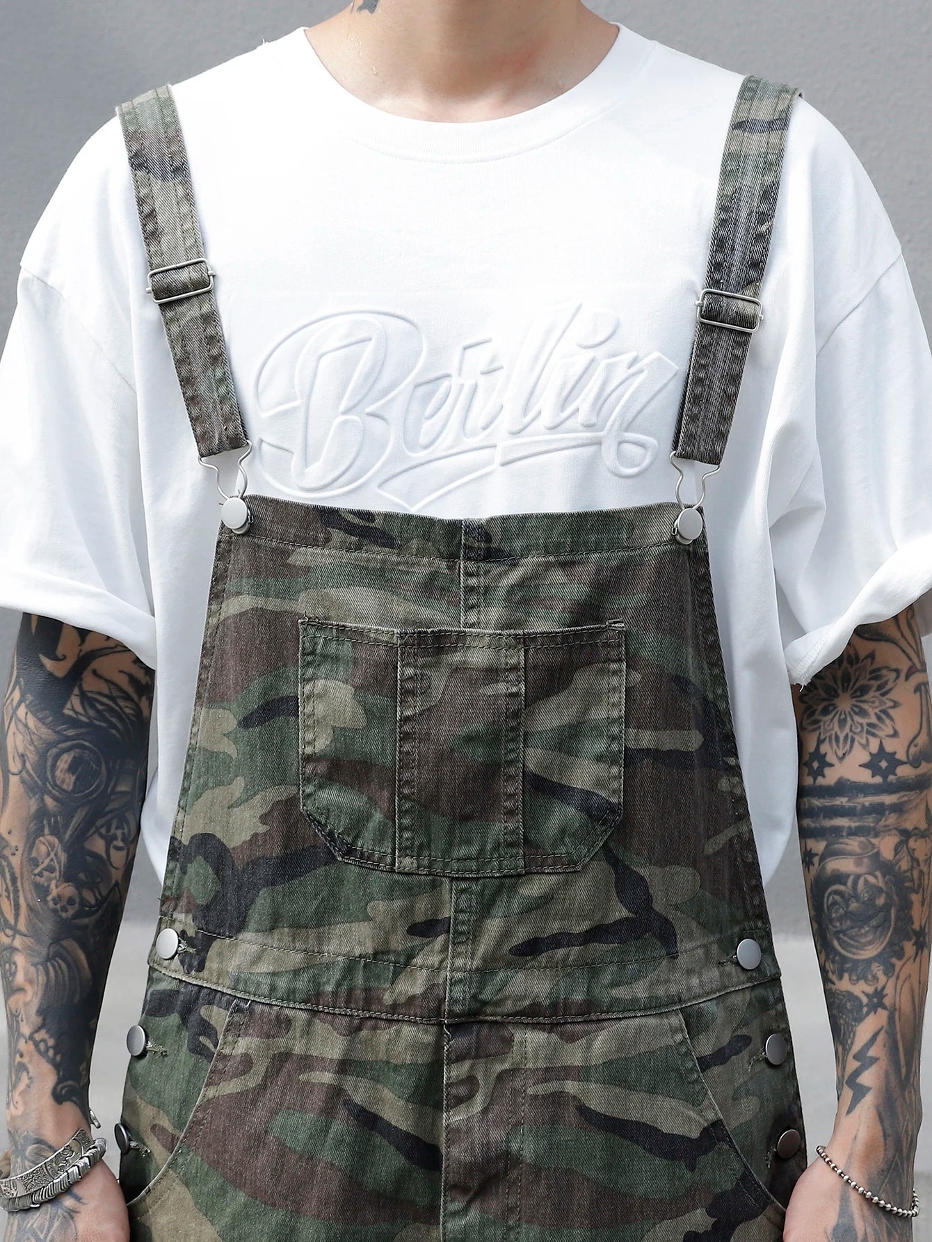Men's Multi-Pocket Camouflage Printed Denim Overalls - Cotton, Non-Elastic, Machine Washable - Ideal for Casual Outings