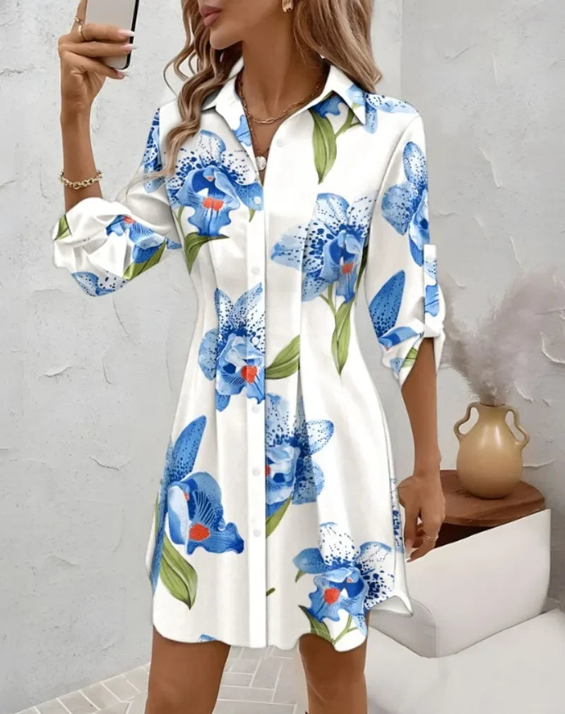 Women's Fashion Printed Comfortable  Long-sleeved Lace-up Shirt Dress Ladies  Mid-waist Single-breasted Gentle Casual Mini Dress