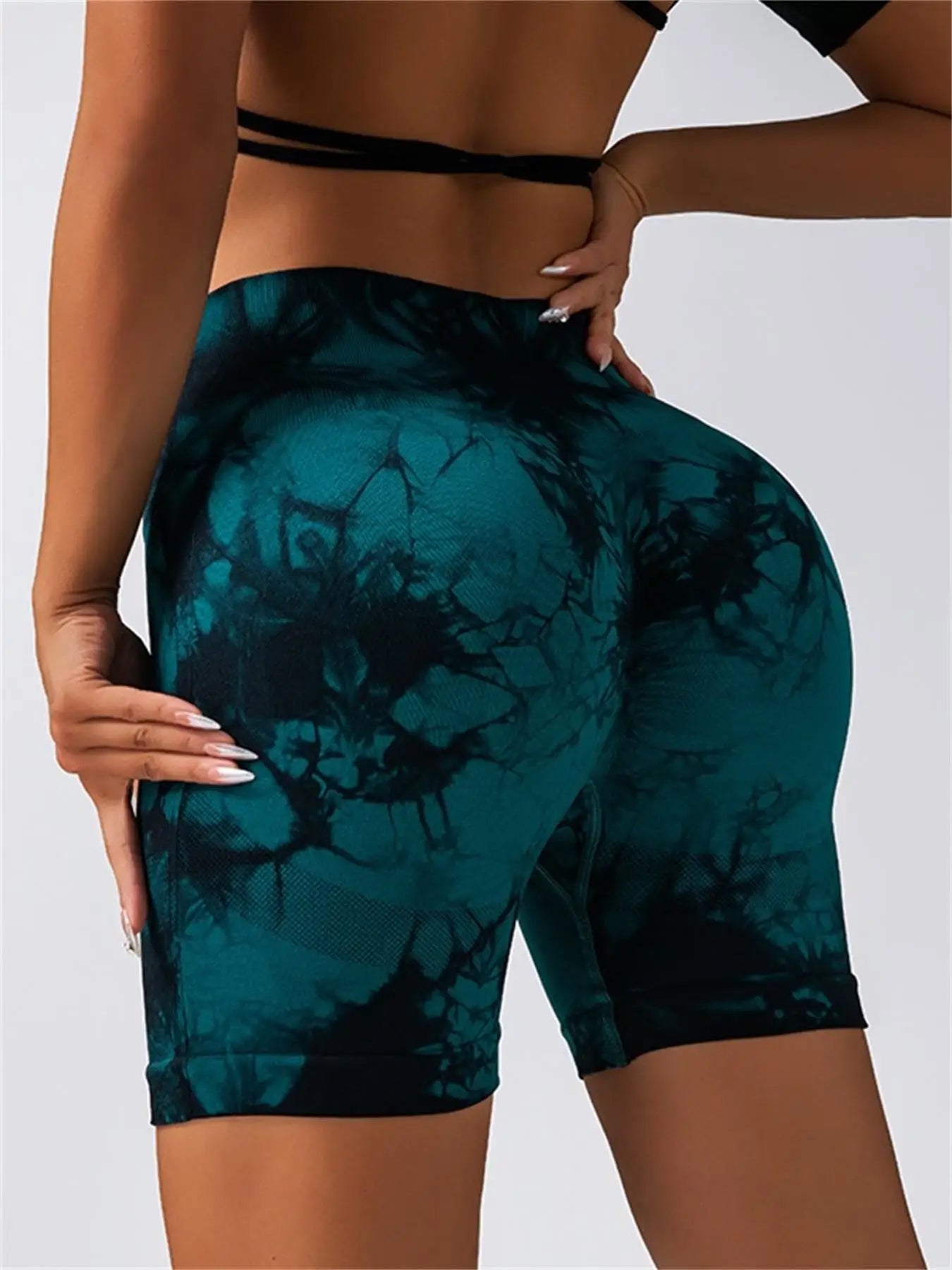 Women's Tie Dye Print Ruched High Waist Sports Shorts, Casual Comfy Breathable Seamless Skinny Shorts for Yoga Gym Workout