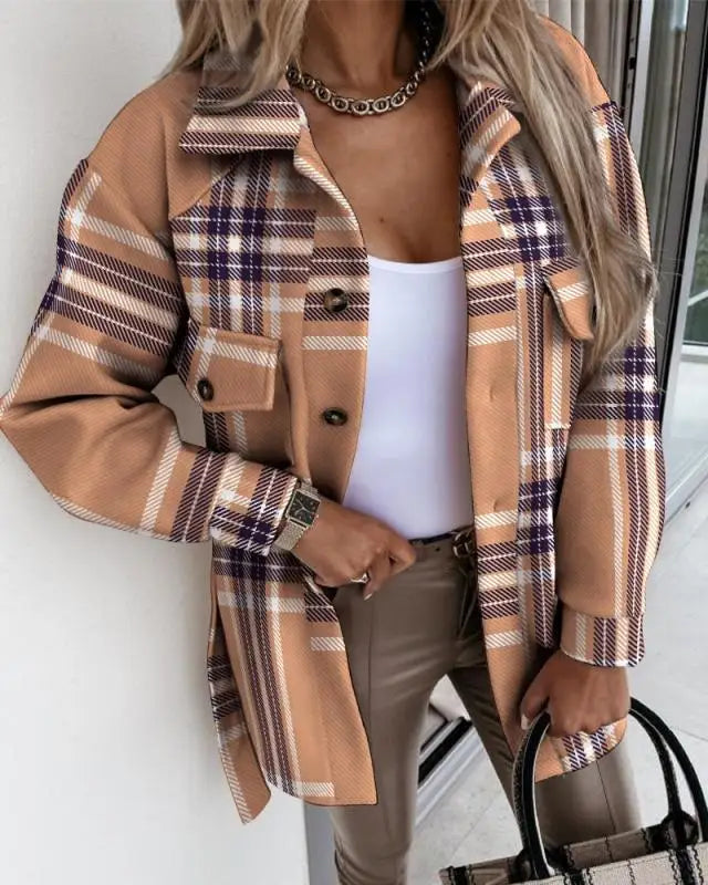 Women's  Fashion Autumn and Winter Blouses Jackets Strap Plaid Printed Woolen Jacket for Women Casual Pockets Coats Clothing