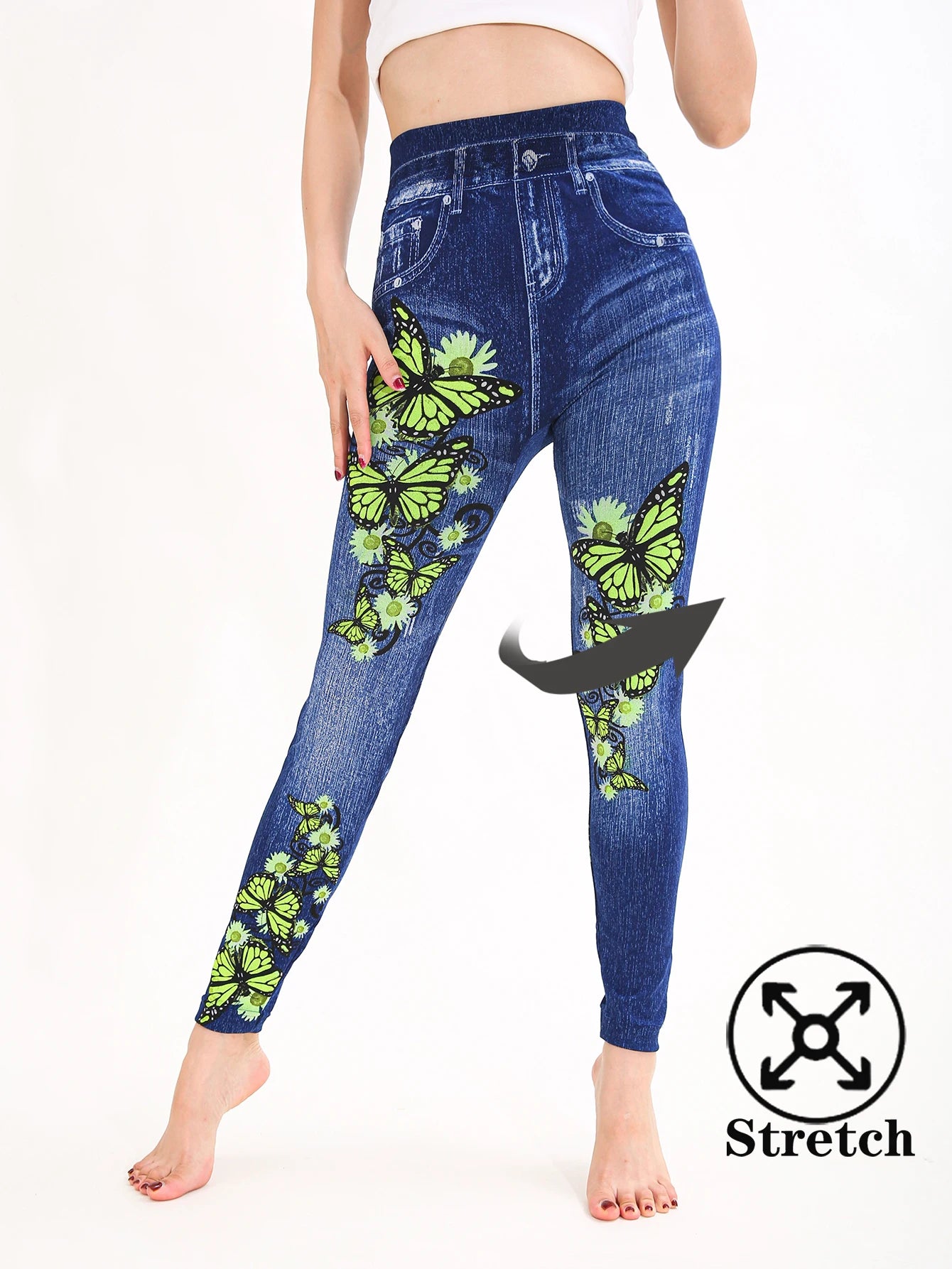 Autumn Winter 1PACK Women's Imitation Cowboy Green Butterfly Sexy Tight Legging Casual Sports Elegant Fitness Yoga Pants