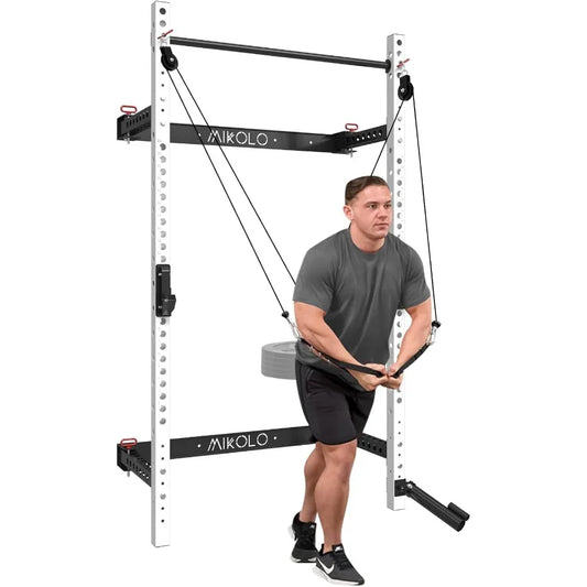 Wall Mounted Squat Rack with Folding Design and Integrated Lat Pulldown Cable Crossover System for Home Gym Compact Power Cage
