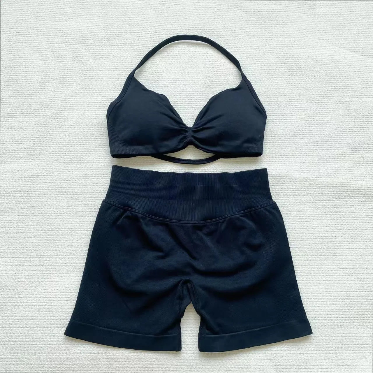 NoLogo Women 2 Piece Yoga Outfit Seamless Strappy Bra High Waist Butt Lifting Scrunch Shorts Gym Activewear