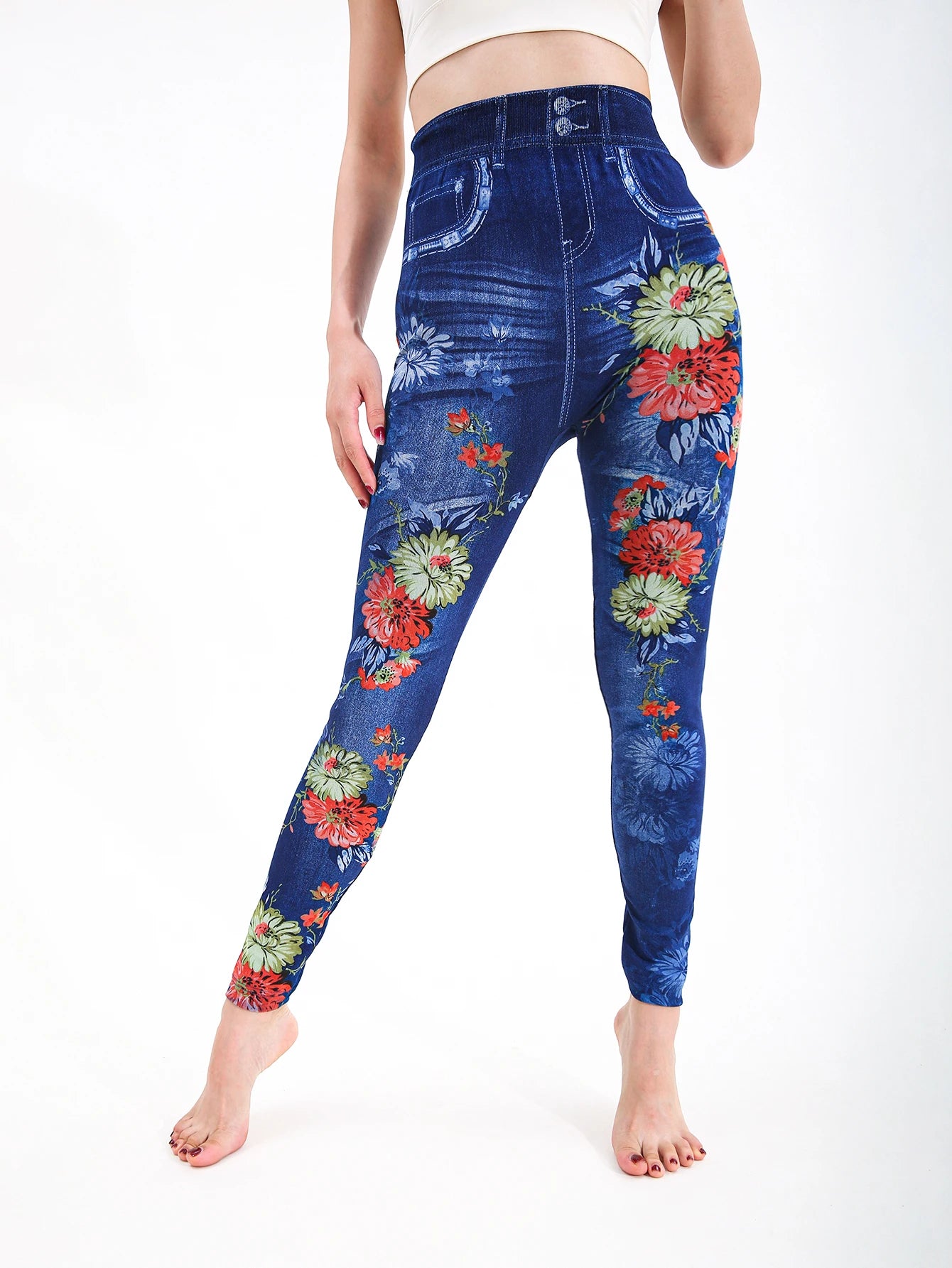 Autumn Winter 1PACK Women's Imitation Cowboy Chrysanthemum Pattern Sexy Tight Legging Casual Sports Elegant Fitness Yoga Pants