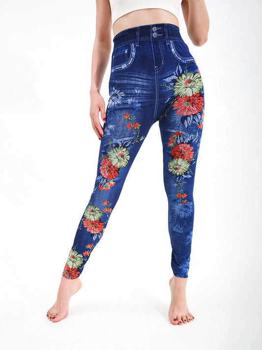 Autumn Winter 1PACK Women's Imitation Cowboy Chrysanthemum Pattern Sexy Tight Legging Casual Sports Elegant Fitness Yoga Pants