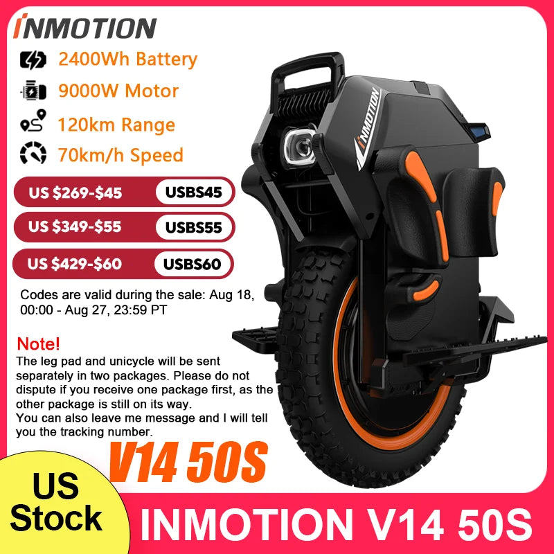 US Stock INMOTION Adventure V14 Electric Unicycle 70km/h Speed 134V 2400Wh 50S Motor C40 9000W High Torque EUC Unicycle Wheel