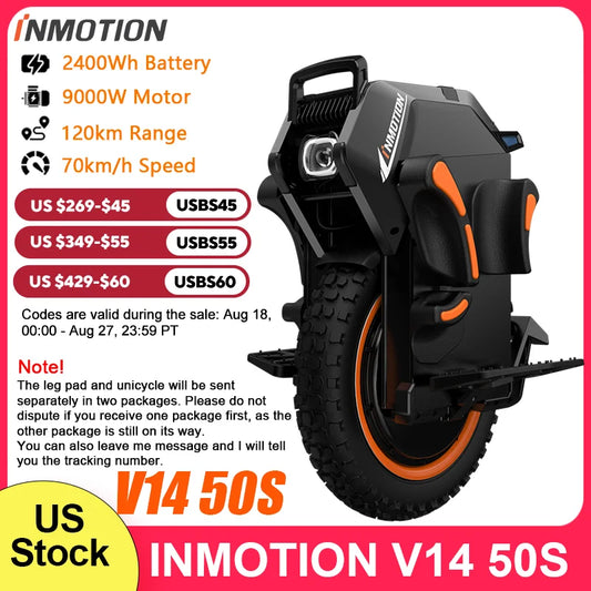 US Stock INMOTION Adventure V14 Electric Unicycle 70km/h Speed 134V 2400Wh 50S Motor C40 9000W High Torque EUC Unicycle Wheel