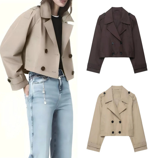 Women's autumn new fashion casual short double breasted windbreaker Coat retro lapel long sleeved women's Coat chic top