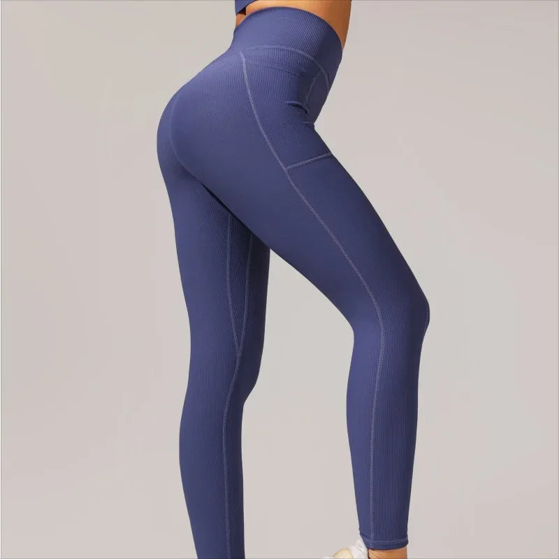 Women's Cross Waist Seam Leggings Gym Workout Yoga Pants High Waisted Butt Lift with Pocket Tights Fashion Slim Elastic Leggings