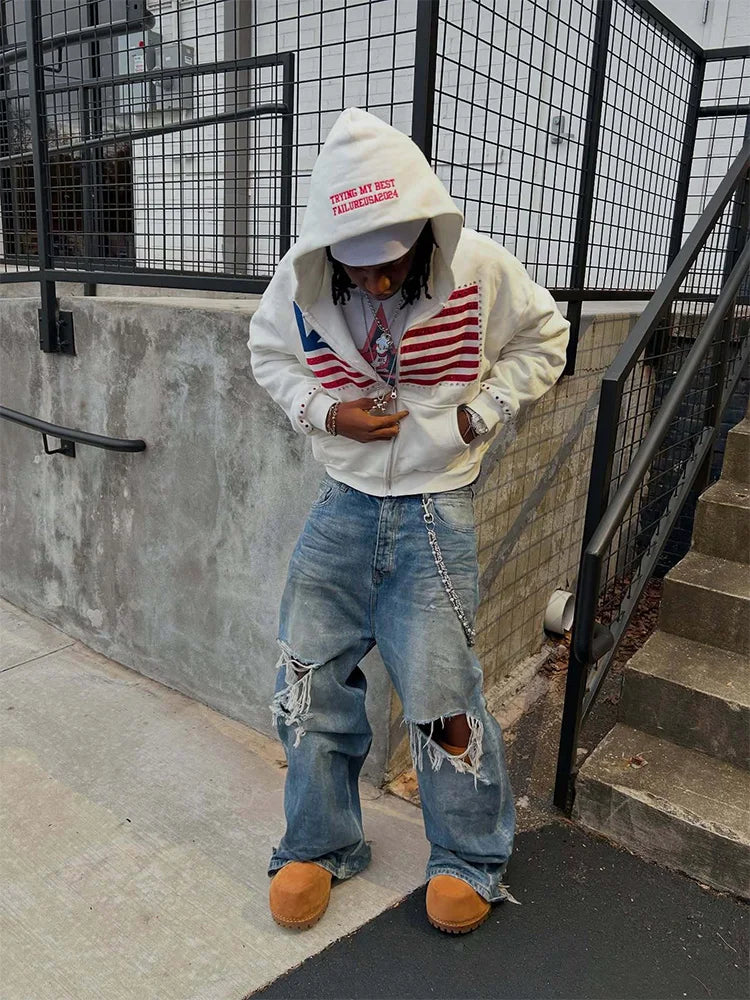 Autumn new national flag minimalist design color collision pattern men hooded sweatshirt Harajuku Y2k loose zipper sweatshirt