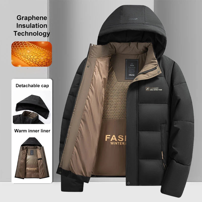Graphene Warm Windproof Jacket Men 2024 Winter New Fashion Comfortable Thickened Outdoor Hooded Overcoat Male Casual Clothes