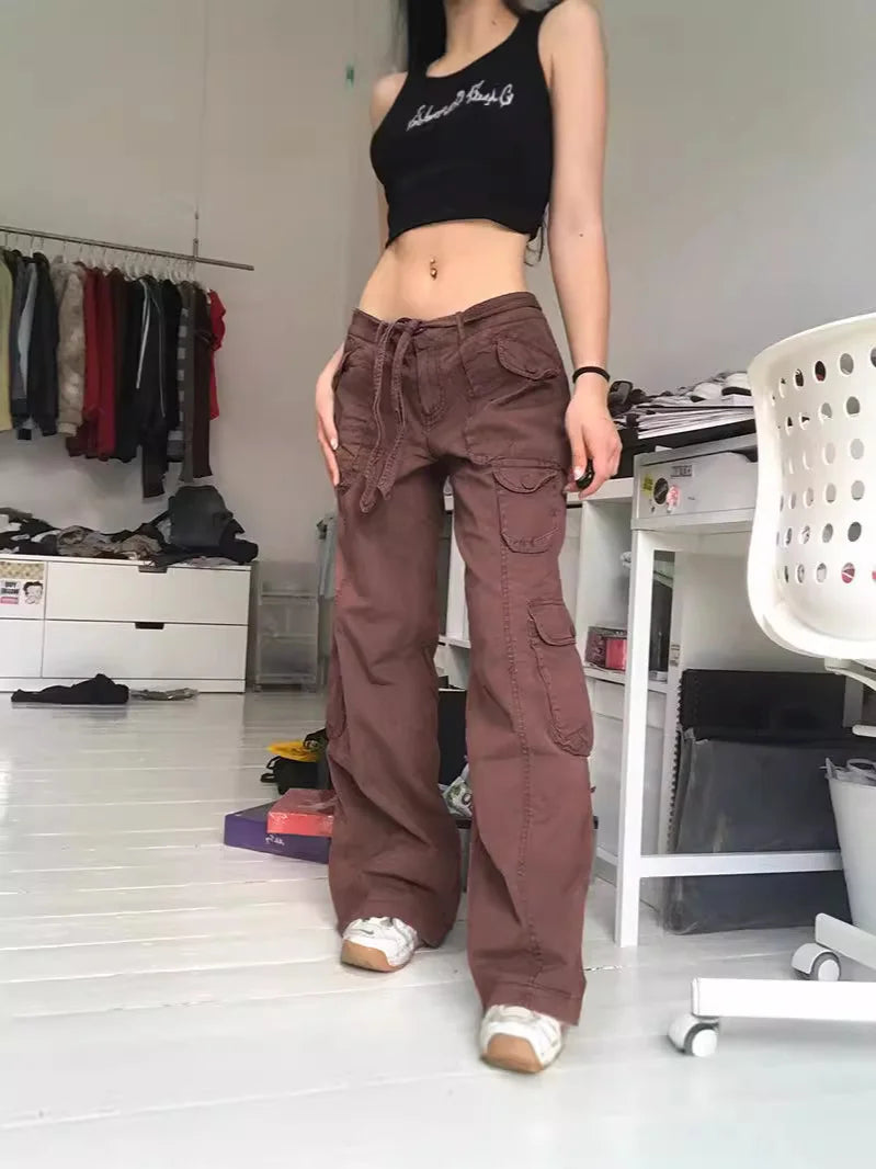European and American trend: women's clothing, casual street style, loose waistband, high waist, multiple pockets, gray wide leg