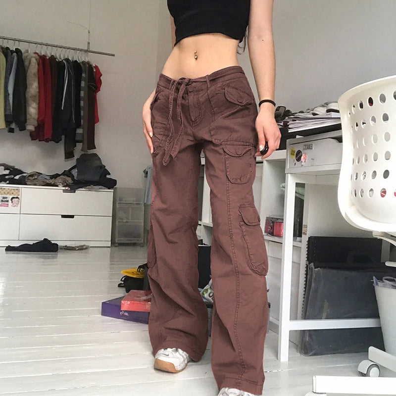 European and American trend: women's clothing, casual street style, loose waistband, high waist, multiple pockets, gray wide leg