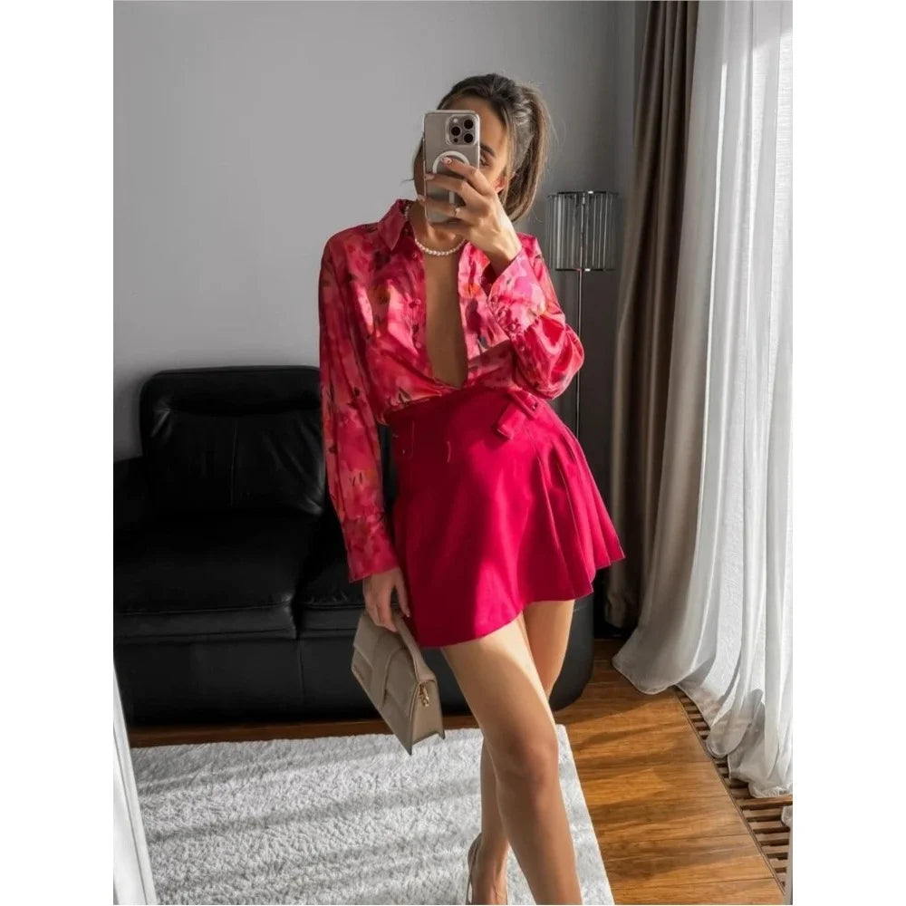 Women Elegant Print Decoration Long Sleeves Casual Satin Blouse Top Woman Chic Single-Breasted Lapel Loose Shirt Top