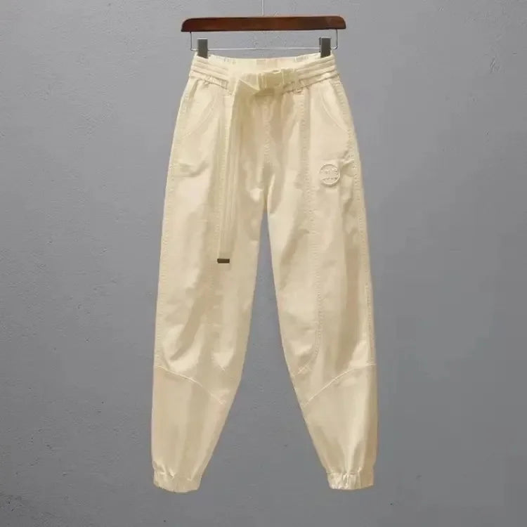 Women Harem Pants Cotton Sweat Pants Elastic Waist Office Lady Loose Casual Trousers with Belt Fashion Ankle Banded Red White
