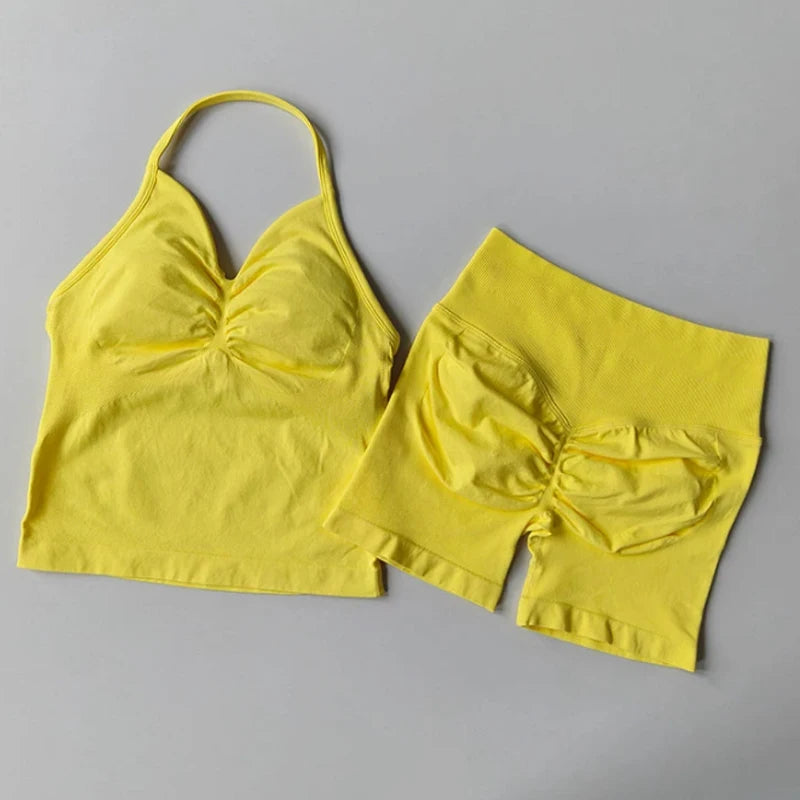NoLogo Women 2 Piece Yoga Outfit Seamless Strappy Bra High Waist Butt Lifting Scrunch Shorts Gym Activewear