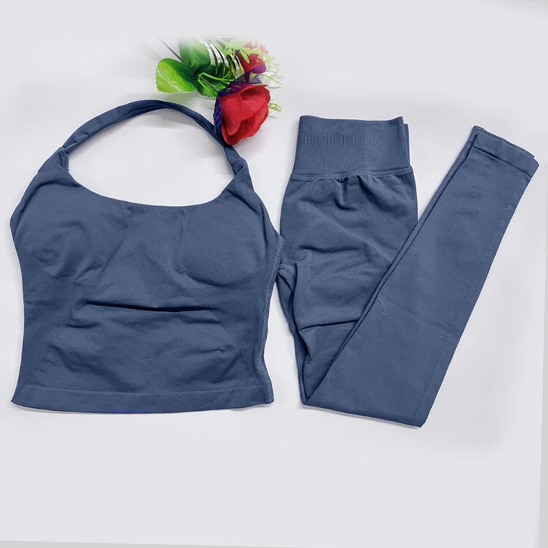 2026 Yoga outfit DFNNYE two Pieces Gym Set seamless Women DF impact backless Halter Top Leggings Fitness Clothes Workout sets