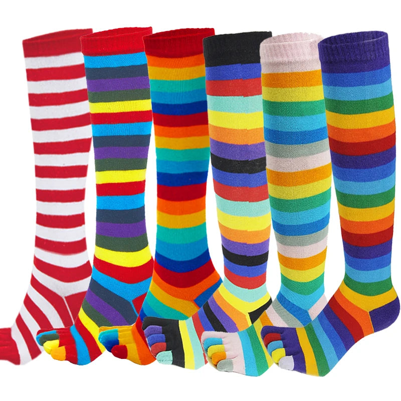 Women Girls Split Toe Calf Socks Rainbow Stockings Colorful Striped Clover Printed Happy Sock Cotton Long 5 Finger Sock Fashions