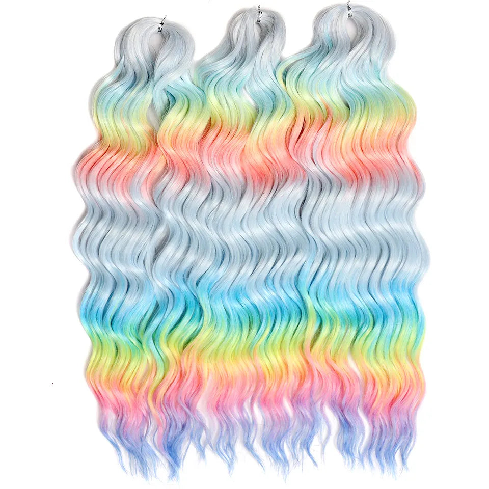 FASHION IDOL 24" 3pcs Deep Wave Curl Hair Synthetic Water Wave Braiding Hair Extensions Ombre Rainbow color Twist Crochet Hair