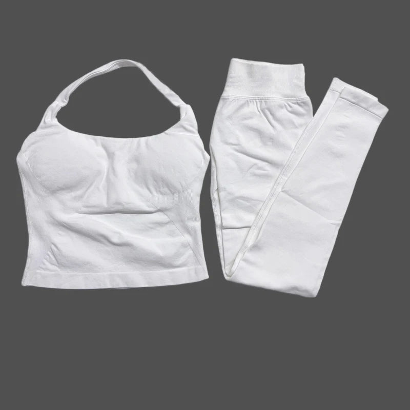 2026 Yoga outfit DFNNYE two Pieces Gym Set seamless Women DF impact backless Halter Top Leggings Fitness Clothes Workout sets