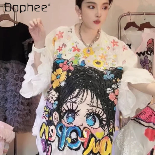 Women's Clothing 2025 Summer New Heavy Industry Lace Cartoon Little Girl Short-sleeved T-shirt Loose Versatile Trendy Girl Tee