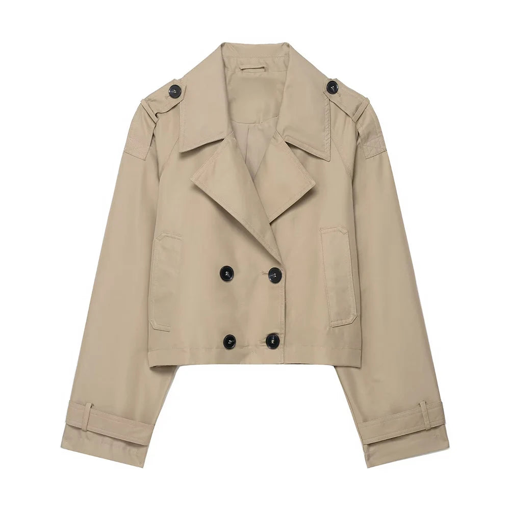 Women's autumn new fashion casual short double breasted windbreaker Coat retro lapel long sleeved women's Coat chic top