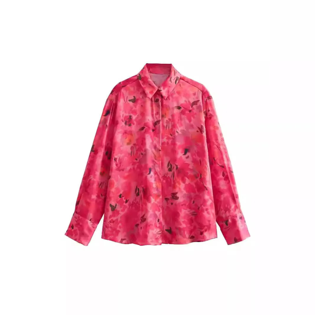 Women Elegant Print Decoration Long Sleeves Casual Satin Blouse Top Woman Chic Single-Breasted Lapel Loose Shirt Top