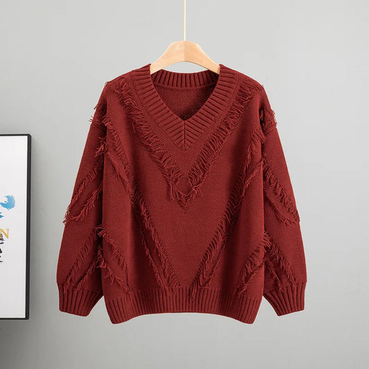 European and American New Women Clothing 2025 Autumn Lazy Wind Striped V-neck Sweater Loose Pullover Knitted Sweater Women