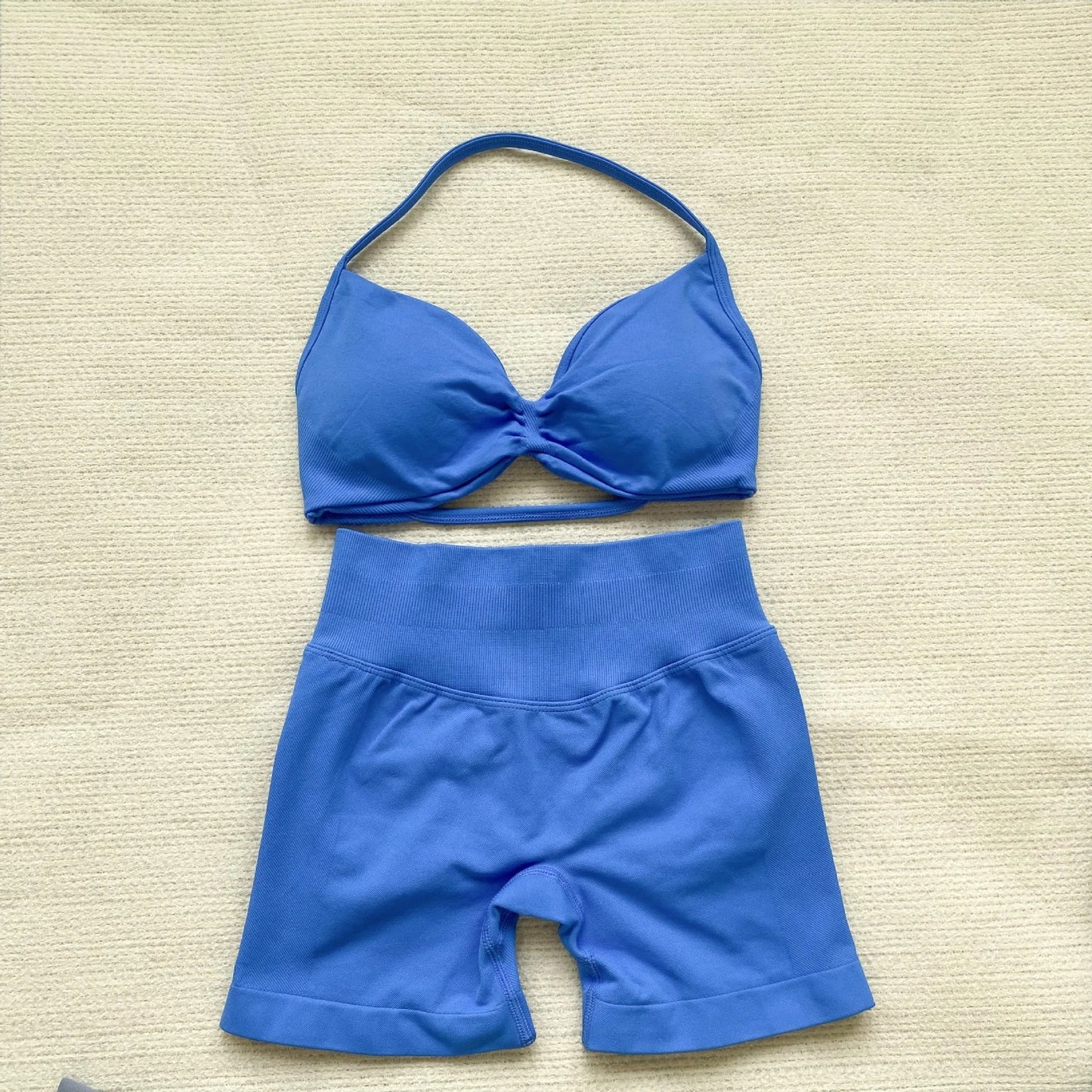 NoLogo Women 2 Piece Yoga Outfit Seamless Strappy Bra High Waist Butt Lifting Scrunch Shorts Gym Activewear