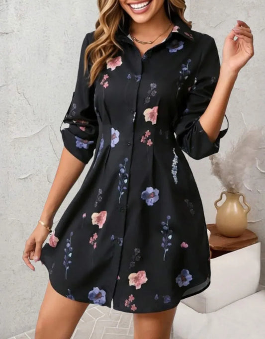 Women's Fashion Printed Comfortable  Long-sleeved Lace-up Shirt Dress Ladies  Mid-waist Single-breasted Gentle Casual Mini Dress