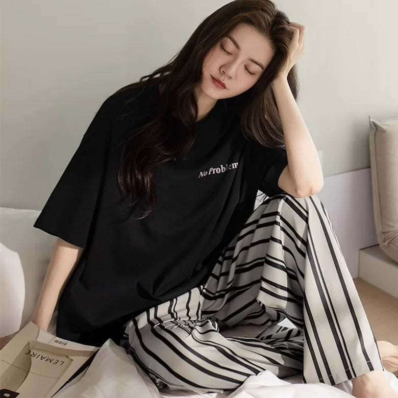 Women's Fall and Winter Pajamas Short-Sleeved Pants Suit Sleepwear Homewear Letters Strawberry Plaid Pants Nightwear Loungewear