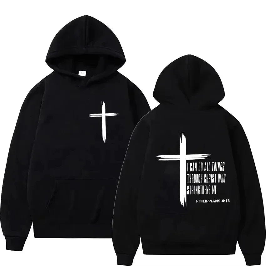 Men's hoodie with religious cross and motivational text prints pullover style autumn fashion hooded hoodie casual hoodie unisex