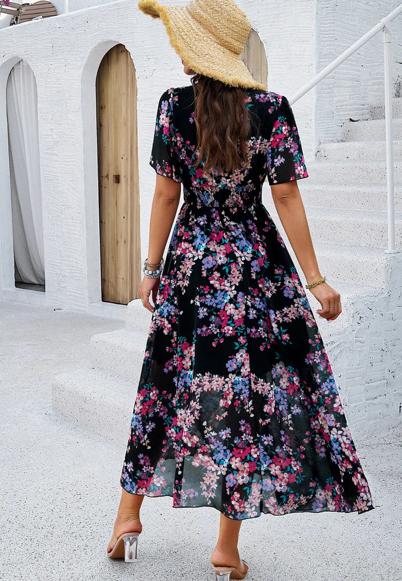 Women's clothing 2025 spring and summer, temperament printing waist short sleeves, dresses, long styles