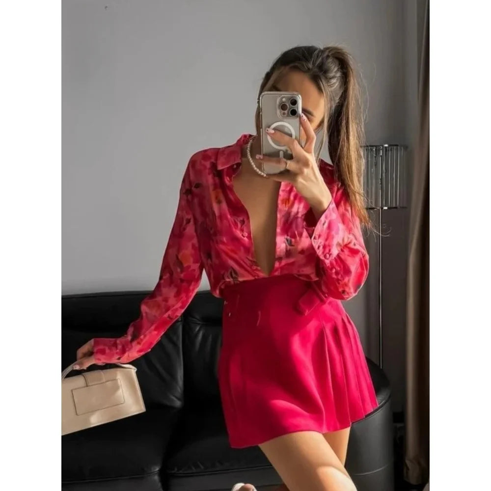 Women Elegant Print Decoration Long Sleeves Casual Satin Blouse Top Woman Chic Single-Breasted Lapel Loose Shirt Top